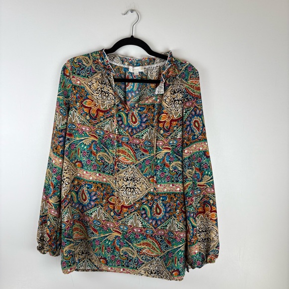 Suzanne Betro Weekend Womens Medium Paisley Blouse Long Sleeve V Neck Red Top - Picture 1 of 9